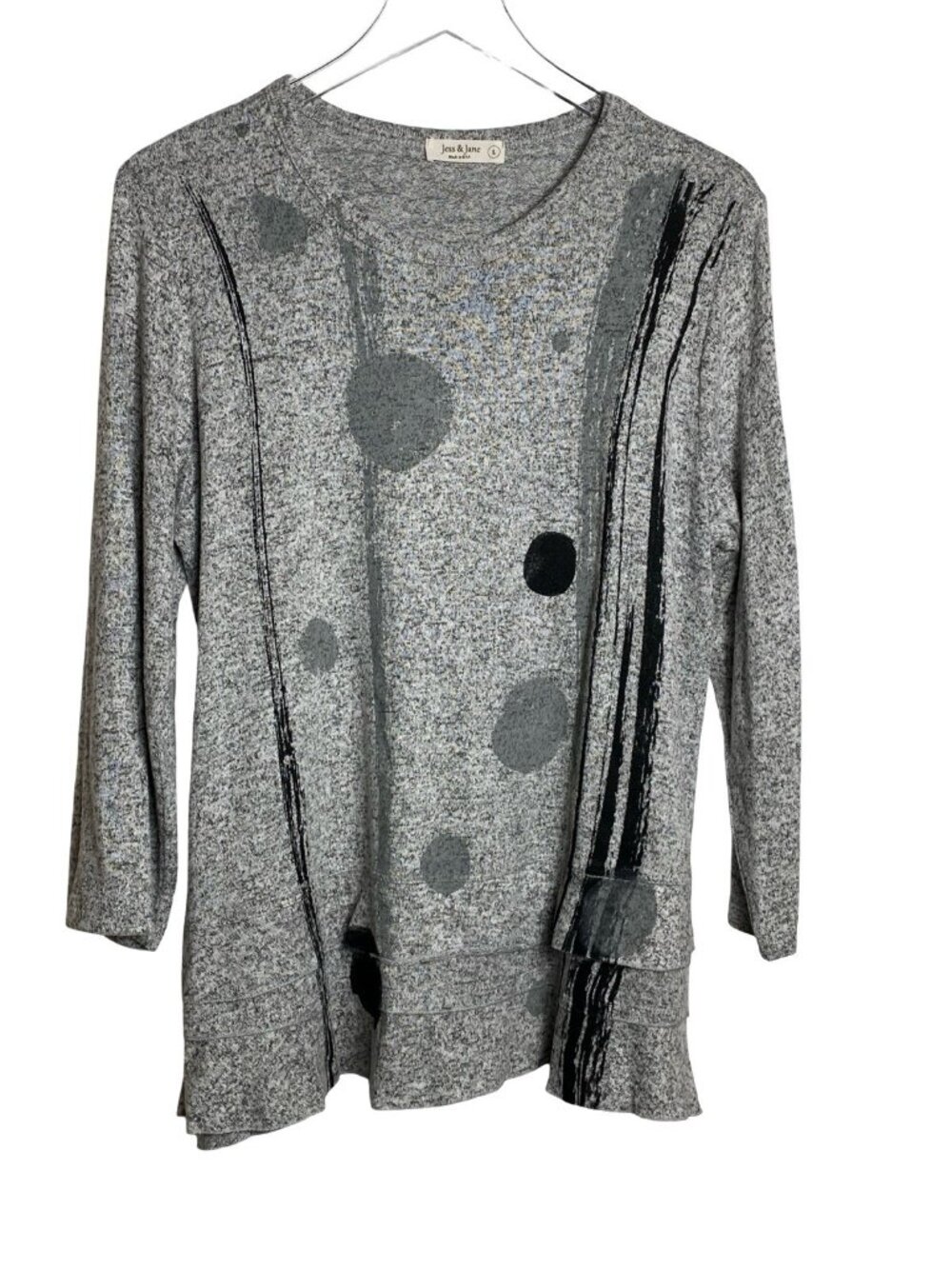Jess & Jane Size L Gray Black Tunic Top Geometric Print Long Sleeves Soft Cozy